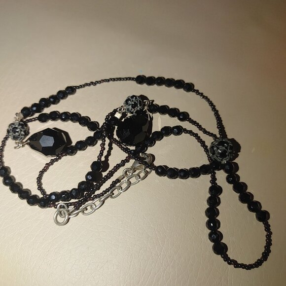 925 Tassels Black Faceted Beaded Necklace Mourning Vintage Victorian Jet Glass - Picture 8 of 16